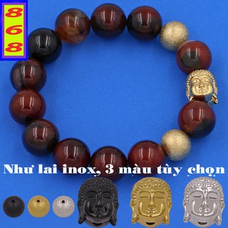 Chuỗi hạt đeo tay màu nâu 14 ly charm Phật A Di Đà inox 2 bi VTANNLVHB14 - Hợp mệnh Kim, mệnh Thổ - Vòng size lớn