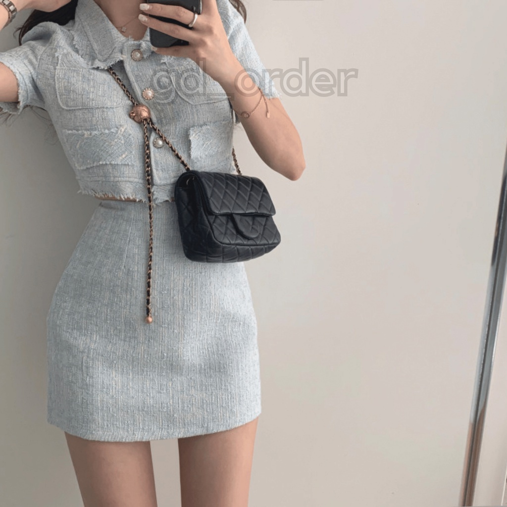 B54|Set bộ sang trọng áo croptop ngắn tay thanh lịch, váy chữ A cạp cao màu xanh gd_order