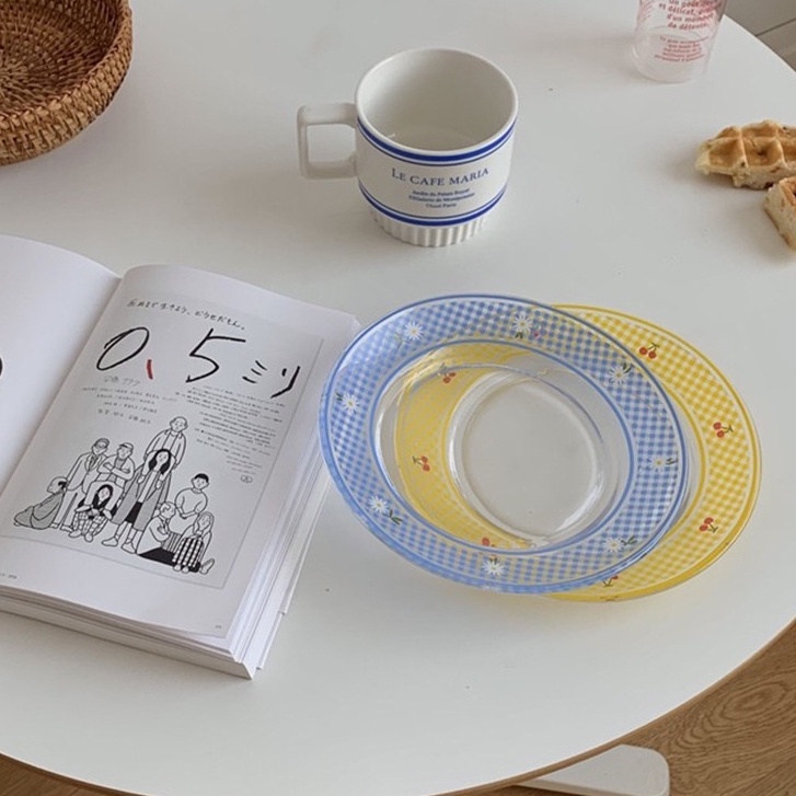 THANH LÍ Đĩa ăn thuỷ tinh trong suốt viền caro hoa nhí phong cách Hàn Quốc trang trí bàn ăn, phòng bếp - The Pattern