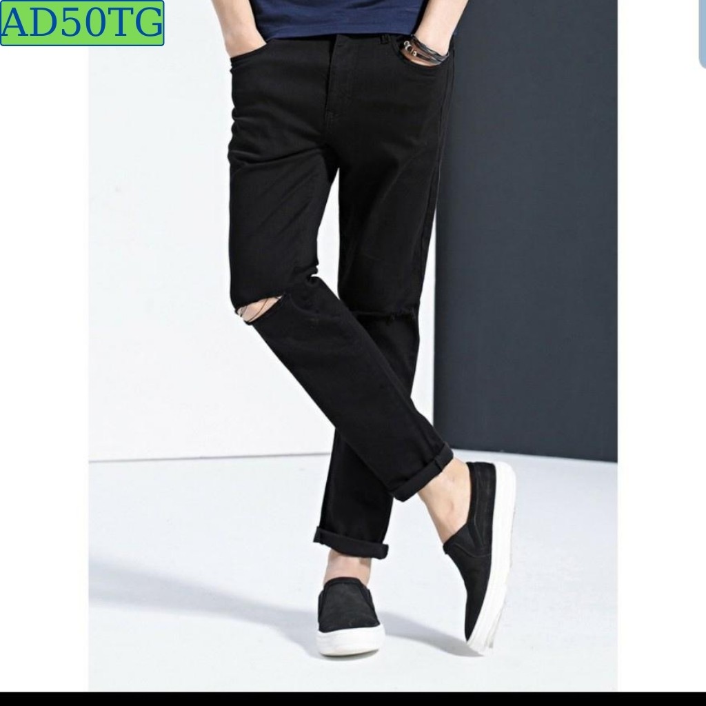 Quần Jean Nam Chất Bò AD50TG Đen Rách Gối Cao Cấp Phong Cách TG