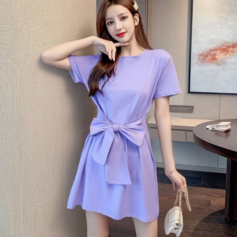 Đầm Thun Tay Ngắn Dáng Chữ a Cột Dây Eo Kiểu Dáng Đơn Giản Thời Trang Cho Nữ