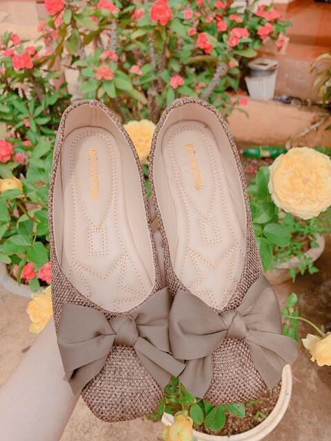 Giày Búp bê dạ Nơ lụa siêu xinh Gót 3cm