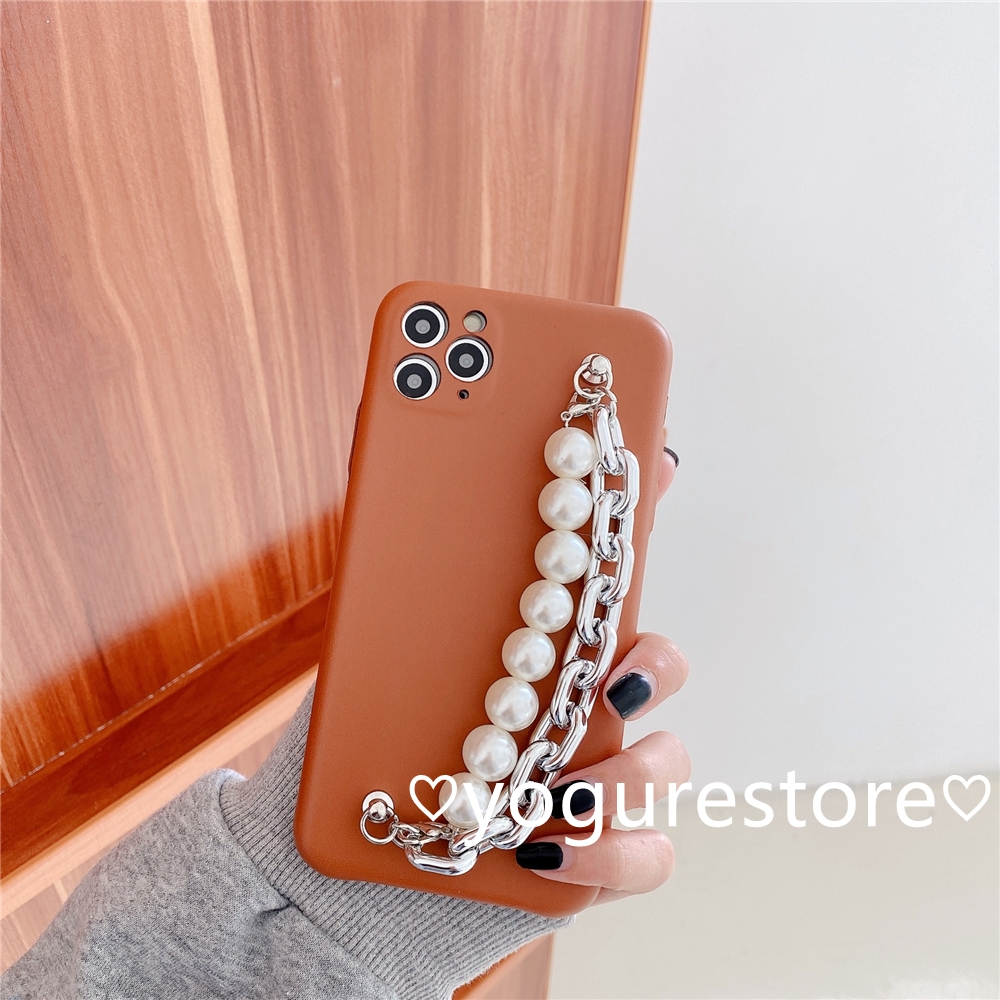 Fashion Pearl Silver Bracelet Caramel Colour Leather Soft Phone Case Cover for iPhone 12 Mini 12 Pro Max 11 Pro Max X XS XR XSMax 8 7 Plus SE 2020