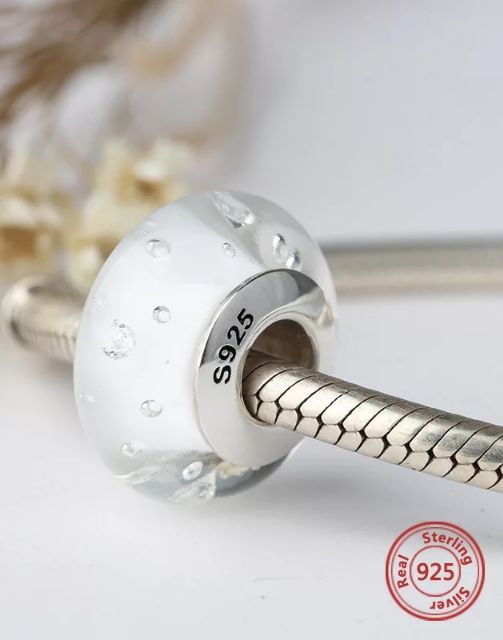 Hạt charm glass trắng bạc s925 vừa tất cả các vòng tay
