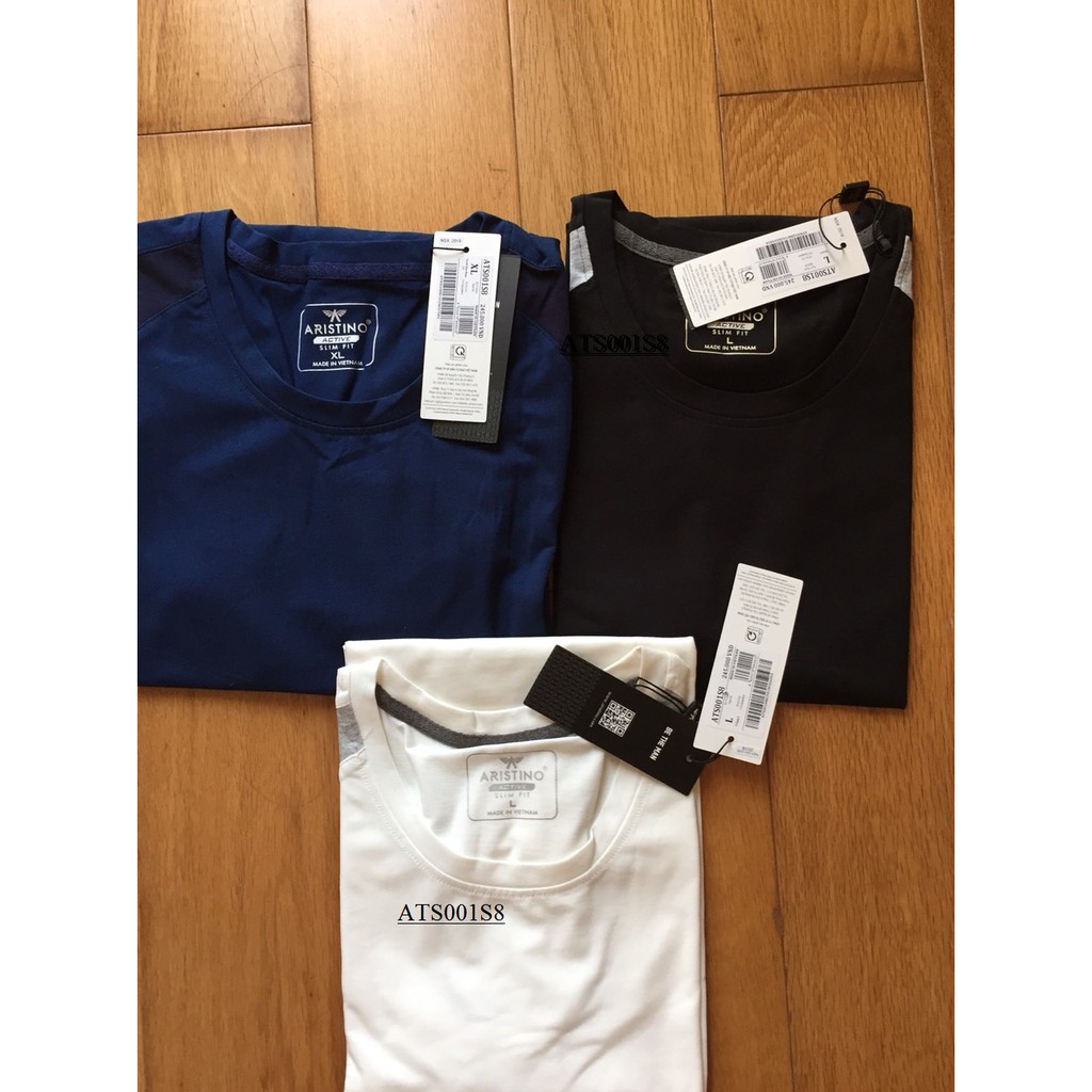 Áo t shirt ngắn tay nam Aristino CHÍNH HÃNG  ATS001S8, chất liệu cotton, dáng Slimfit, đáp vai trẻ trung
