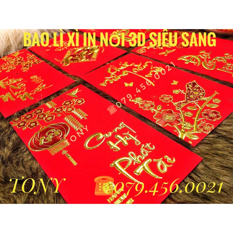 Bao lì xì giấy đỏ truyền thống chữ nổi in 3D