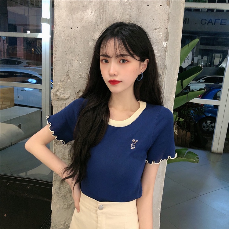 Áo thun nữ ZHELIHANGFEI tay ngắn vải lụa lạnh phối ren màu sắc tương phản phong cách Hàn Quốc thời trang mùa hè 2022