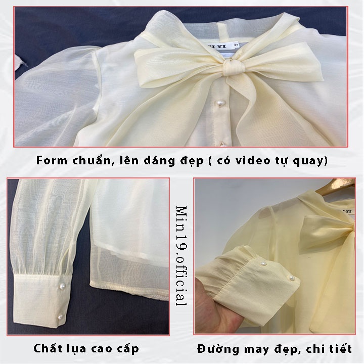 Áo sơ mi nữ kiểu Hàn Quốc bánh bèo tiểu thư đẹp form rộng bigsize cổ nơ tay phồng màu trắng be thời trang | BigBuy360 - bigbuy360.vn