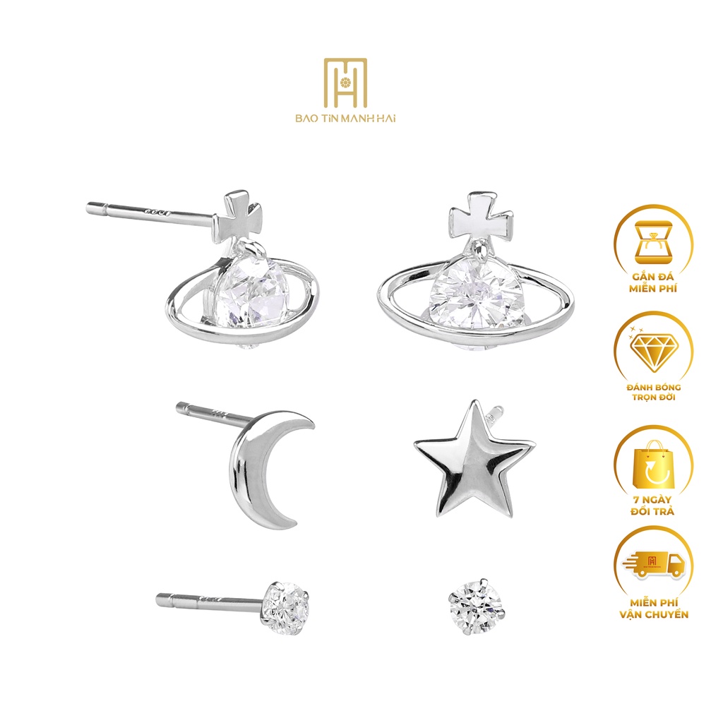 Bông tai Bạc ý 925 xi hình trăng sao gắn đá cao cấp sáng bóng phong cách Hàn Quốc BTB17 Bảo Tín Mạnh Hải