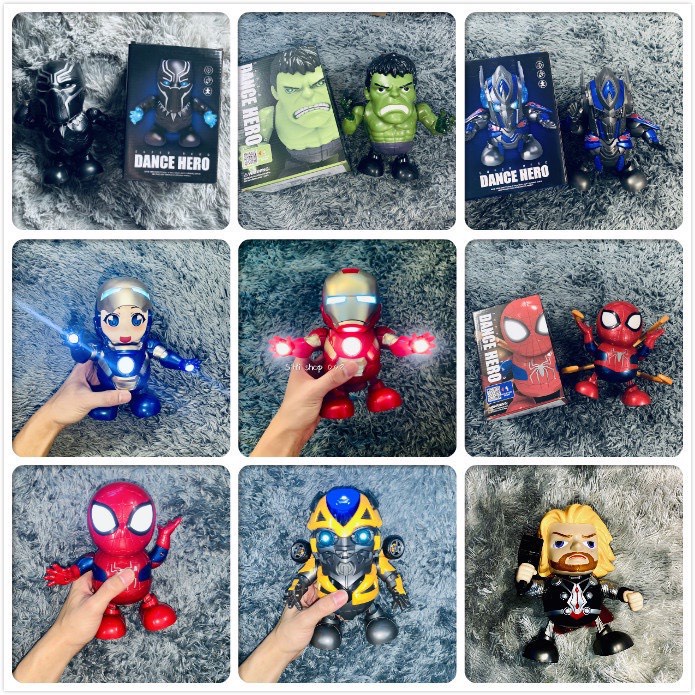 Đồ chơi robot siêu anh hùng, iron man, người nhện, khổng lồ xanh nhảy múa có đèn nhạc vui nhộn cho bé từ 6 tháng tuổi