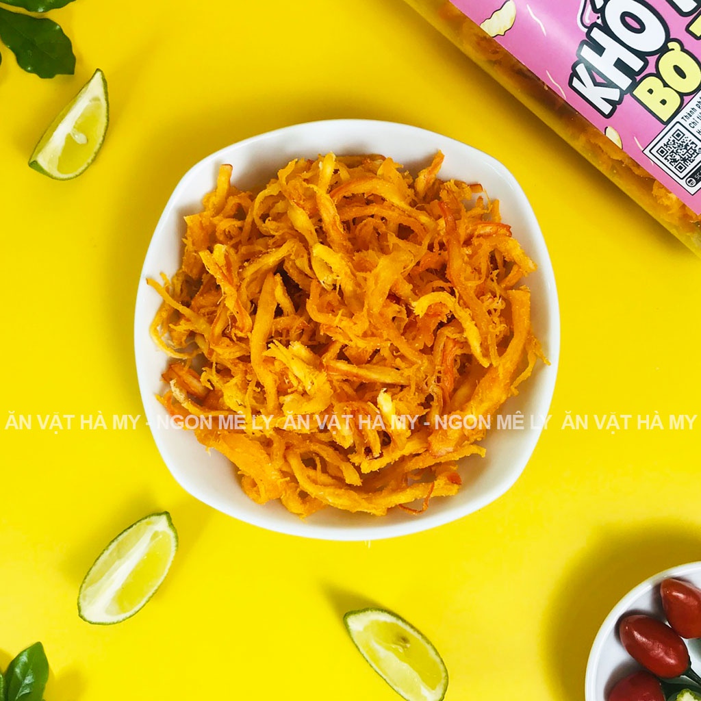 Mực sợi sốt bơ tỏi, khô mực bơ tỏi hũ 250g đồ ăn vặt Hà My