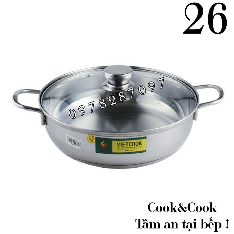 Nồi lẩu 3 đáy inox 430 Vietcook size 26 nắp kính [CHÍNH HÃNG][CAO CẤP]