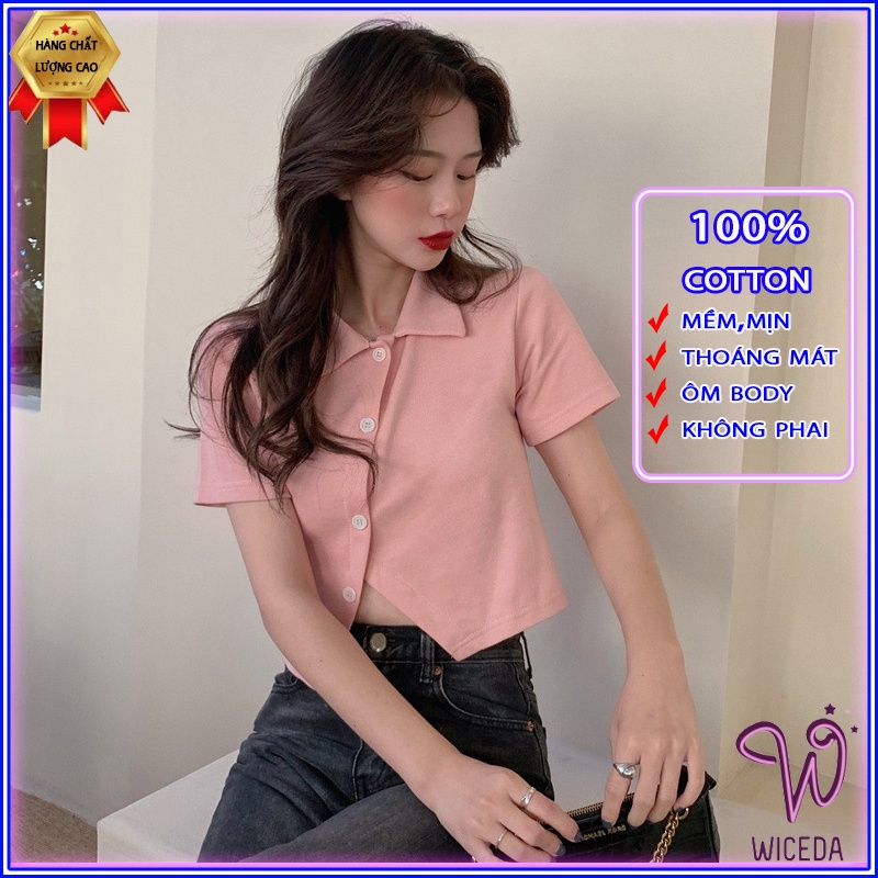 Áo croptop nữ polo tay ngắn vạt chéo có cổ,áo kiểu chất cotton mềm mịn cúc thật 4 màu đen trắng ghi hồng nhạt Wiceda AP4 | BigBuy360 - bigbuy360.vn