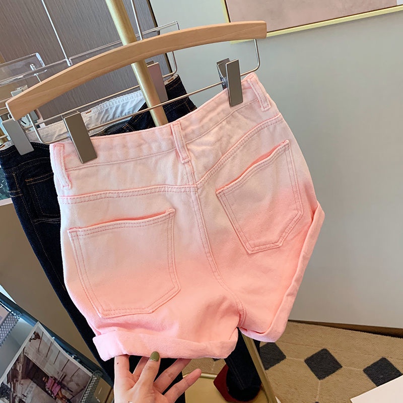 Pink gradient cross denim shorts women's summer 2022 new small ins fashion high waist hem straight pants