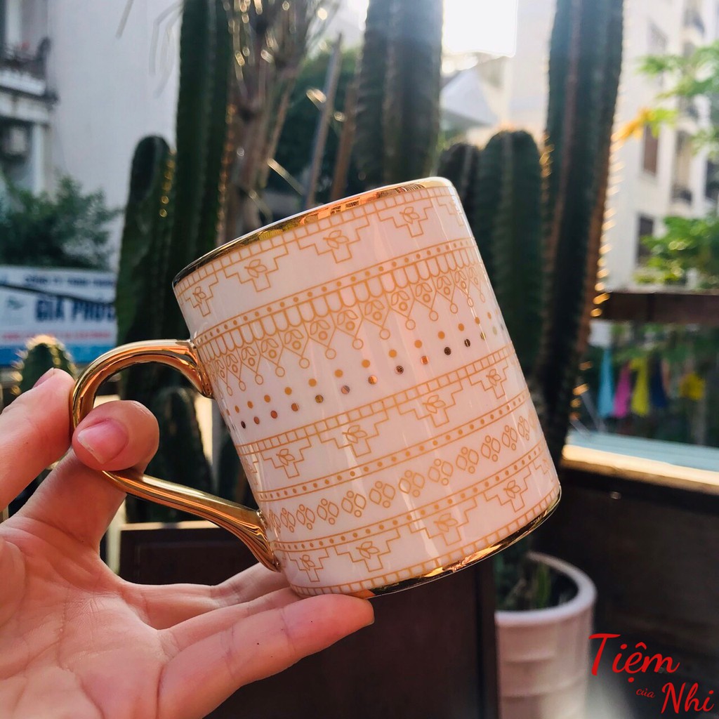 Ly sứ cốc sứ khảm đá màu vàng cao cấp, thổ cẩm có quai cầm phong cách bắc âu quà lưu niệm 350ml Tiệm Của Nhi LS02-03