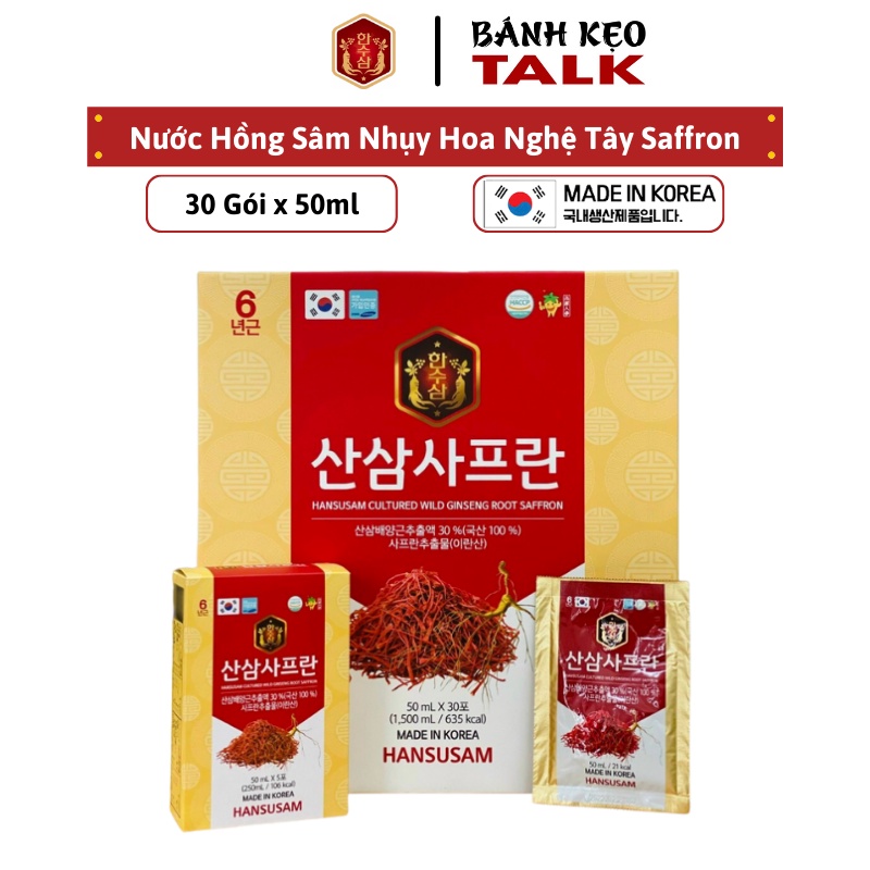 Nước Chiết Xuất Hồng Sâm Núi Nhụy Hoa Nghệ Tây Saffron Hansusam Hộp 30 Gói x 50ml