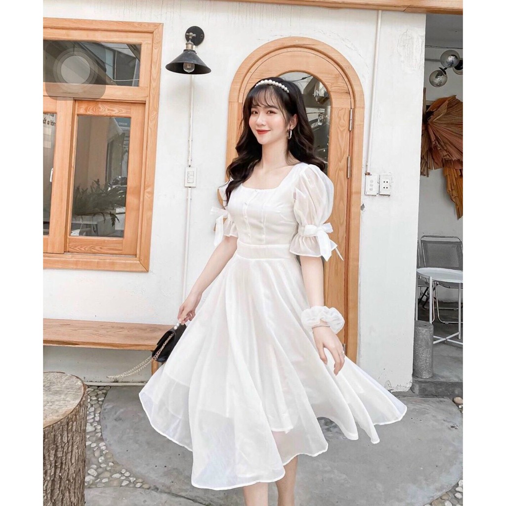 Đầm Dự Tiệc Thiết Kế Cổ Vuông Tay Nơ Xinh Lung Linh Hanaki HNK1011 | BigBuy360 - bigbuy360.vn