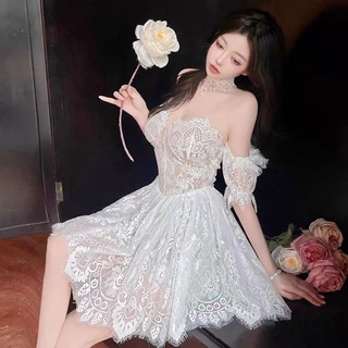 Đầm cúp ngực bệt vai trắng ren xoè sexy