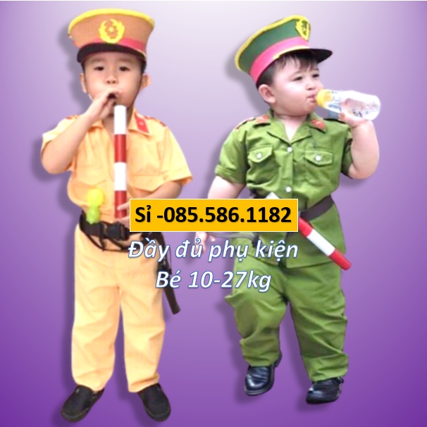 ( Sai Nhỏ 8_25kg) Trang Phục Hóa Trang Cảnh Sát Giao Thông_ Đồ Bộ Công An Cho Bé Trai Bé Gái Có Đầy Đủ Phụ Kiện