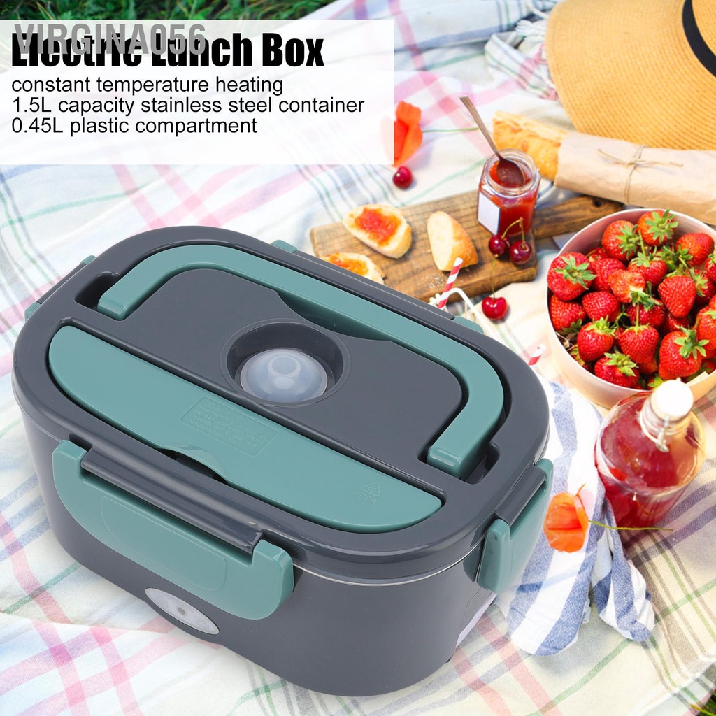 Virgina056 Hộp cơm điện 40W Sưởi ấm Dung tích 1.5L đựng bằng thép không gỉ 2 Cáp sạc cầm tay Tay hâm nóng