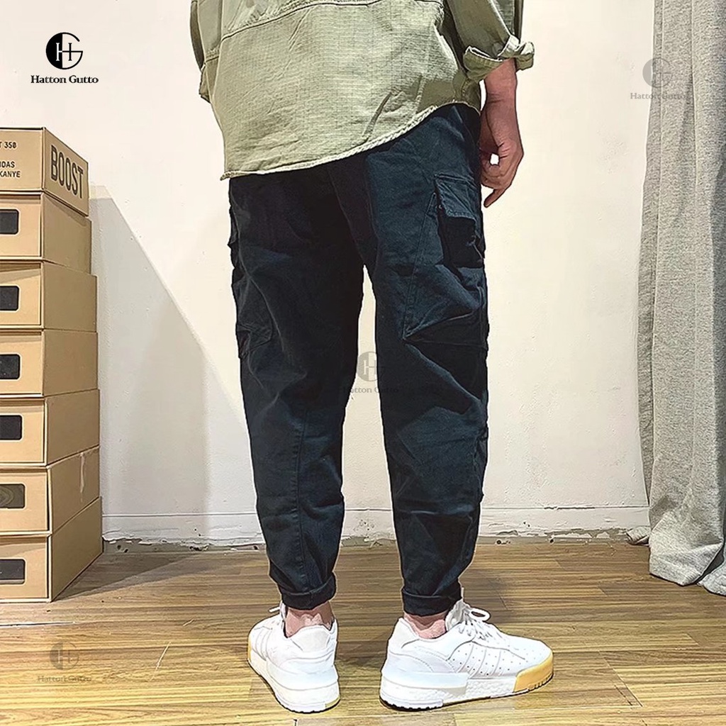 Quần dài chino HATTON GUTTO dáng suông rộng vải cotton lưng thun nhiều túi phong cách Hàn Quốc cho nam