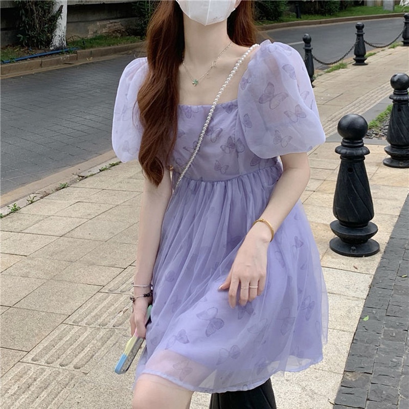 Váy voan tím 3 lớp cổ vuông họa tiết 🎀 tay phồng ngọt ngào cực tiểu thư - V01