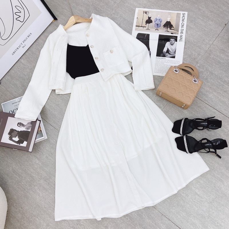 MS462 SET DẠ 3 MÓN : ÁO KHOÁC NÚT + ÁO LÓT ĐEN 2 DÂY + CHÂN VÁY MIDI