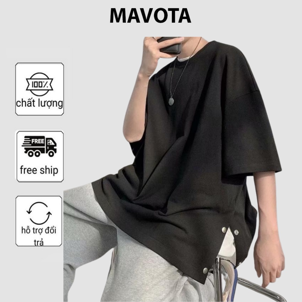 Áo phông Mavota áo thun cotton trơn nam tay lỡ form rộng viền khuy unisex Hàn Quốc ATKB04