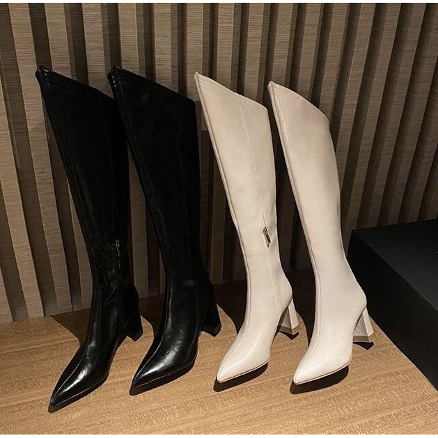 Giày Boot Cao Gót Mũi Nhọn Cao Qua Gối Thời Trang Sành Điệu