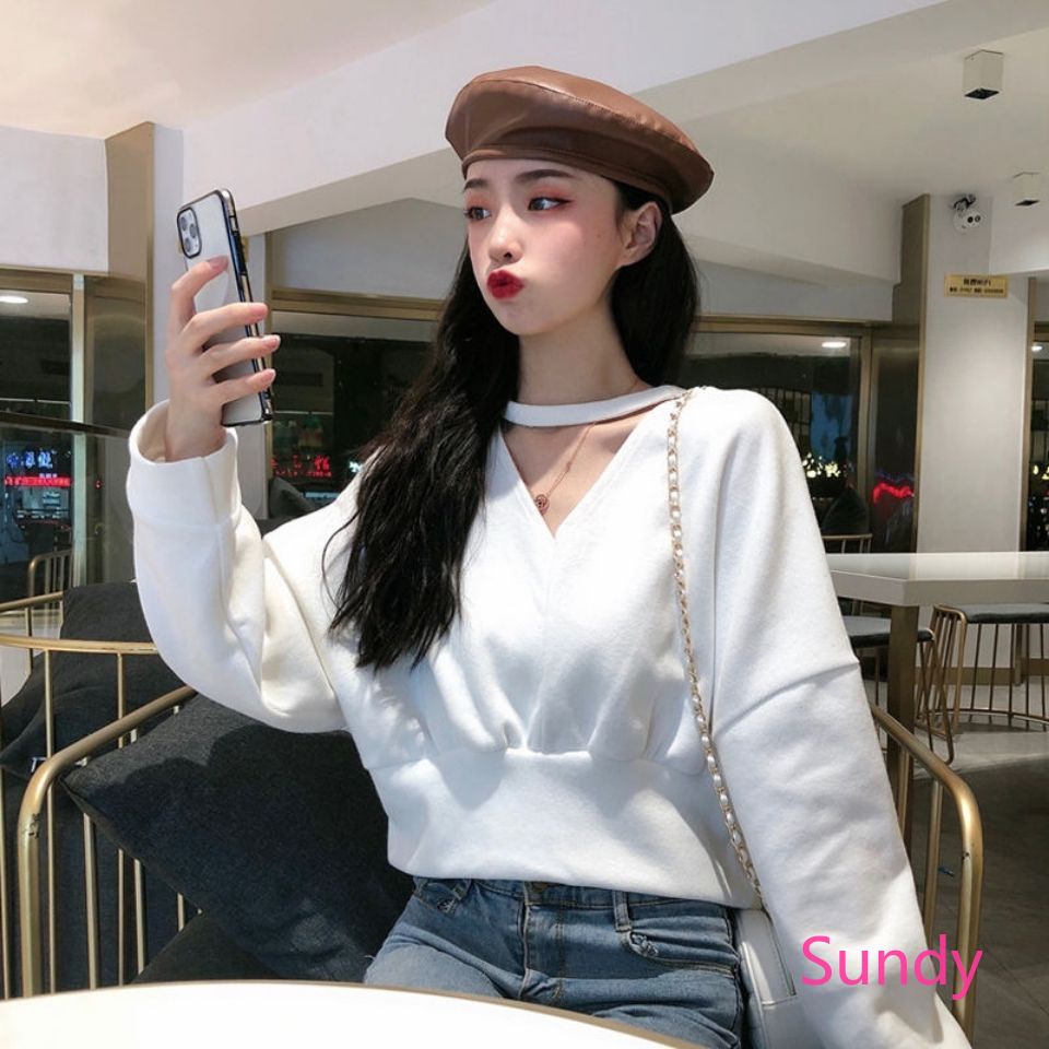 Áo len tay dài cổ chữ V form rộng phong cách Hàn Quốc cho nữ