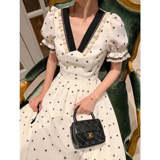 Đầm chấm bi cổ tim tay phồng xinh xắn theo phong cách retro pháp dành cho nữ