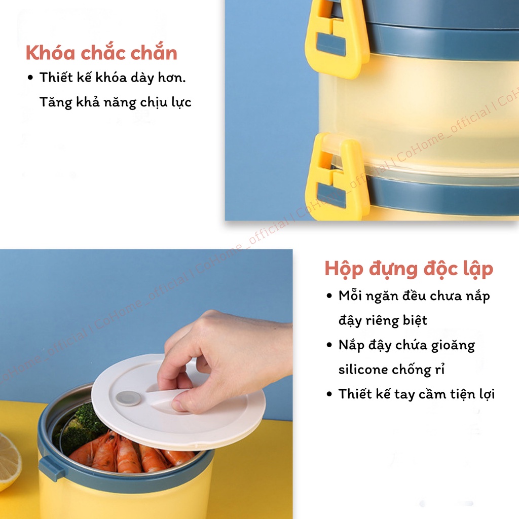 Hộp cơm giữ nhiệt văn phòng COHOME 3 tầng ruột inox 304 cao cấp 2.9L, an toàn sử dụng