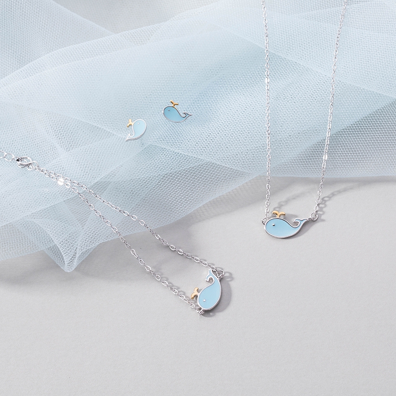 Silver Plated Whale Necklace + Earrings + Bracelet Set S925
