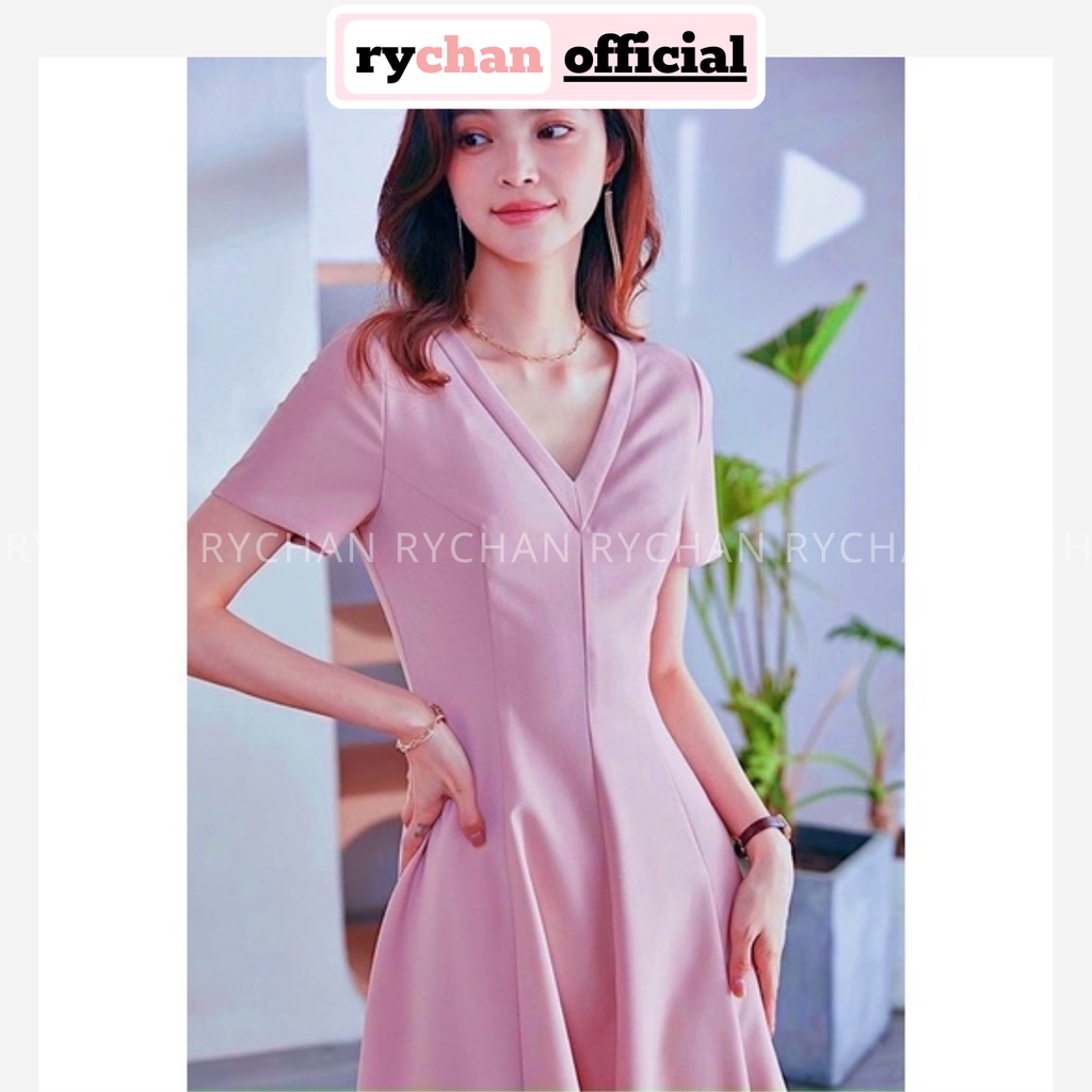 Đầm Nữ Công Sở Cổ V Tay Ngắn Form Xòe Thanh Lịch, Váy Nữ Dạo Phố Form Ngắn Basic Màu Hồng - DX9761
