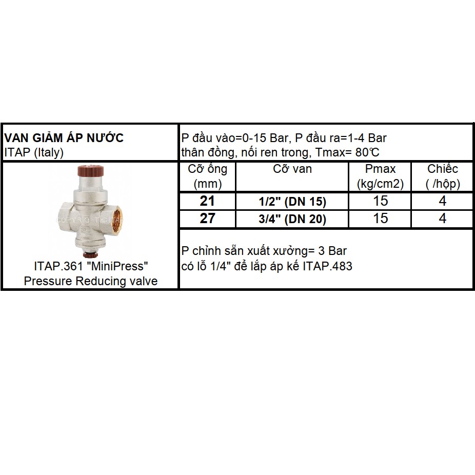 Van Giảm áp nước art.361  van điều áp Itap