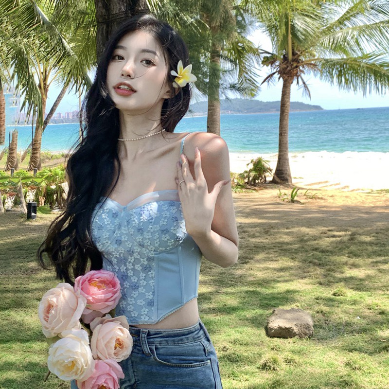 Áo Hai Dây Croptop Phối Ren Màu Sắc Ngọt Ngào Có Đệm Ngực Phong Cách Hàn Quốc Thời Trang Mùa Hè Cho Nữ