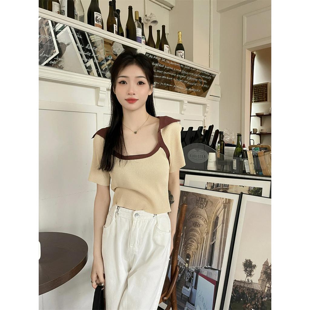 Áo Thun Croptop Dệt Kim Tay Ngắn Cổ Vuông Dáng Ôm Thời Trang Mùa Hè Cho Nữ