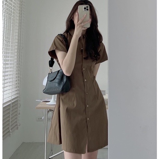 Váy sơ mi nữ basic ngắn tay chiết eo lưng chun chất kaki thô hàng đẹp PANOSI - V282