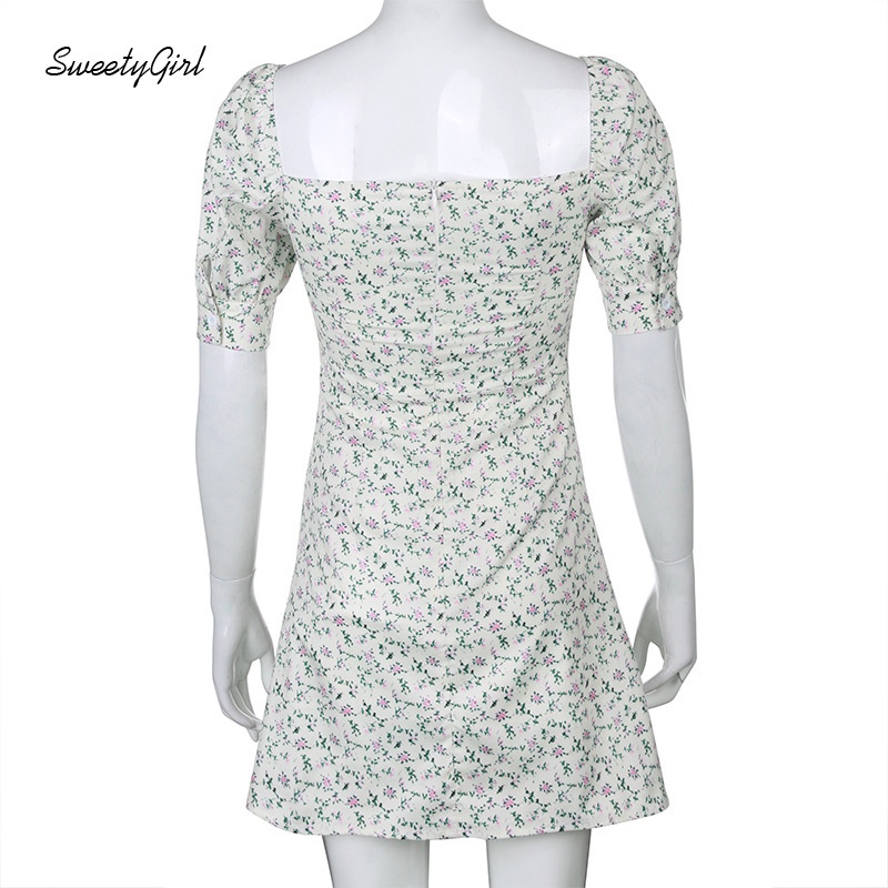 Đầm Ôm Tay Ngắn Phồng Cổ Chữ V In Họa Tiết Hoa Thời Trang Dành Cho Nữ