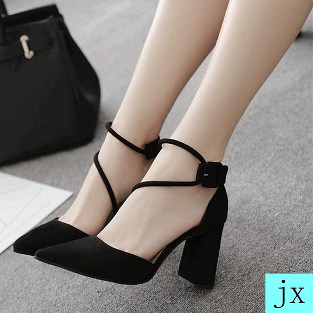 Giày Cao Gót Nữ Đế Dày Mũi Nhọn Màu Đen Phong Cách Hàn Quốc 2021