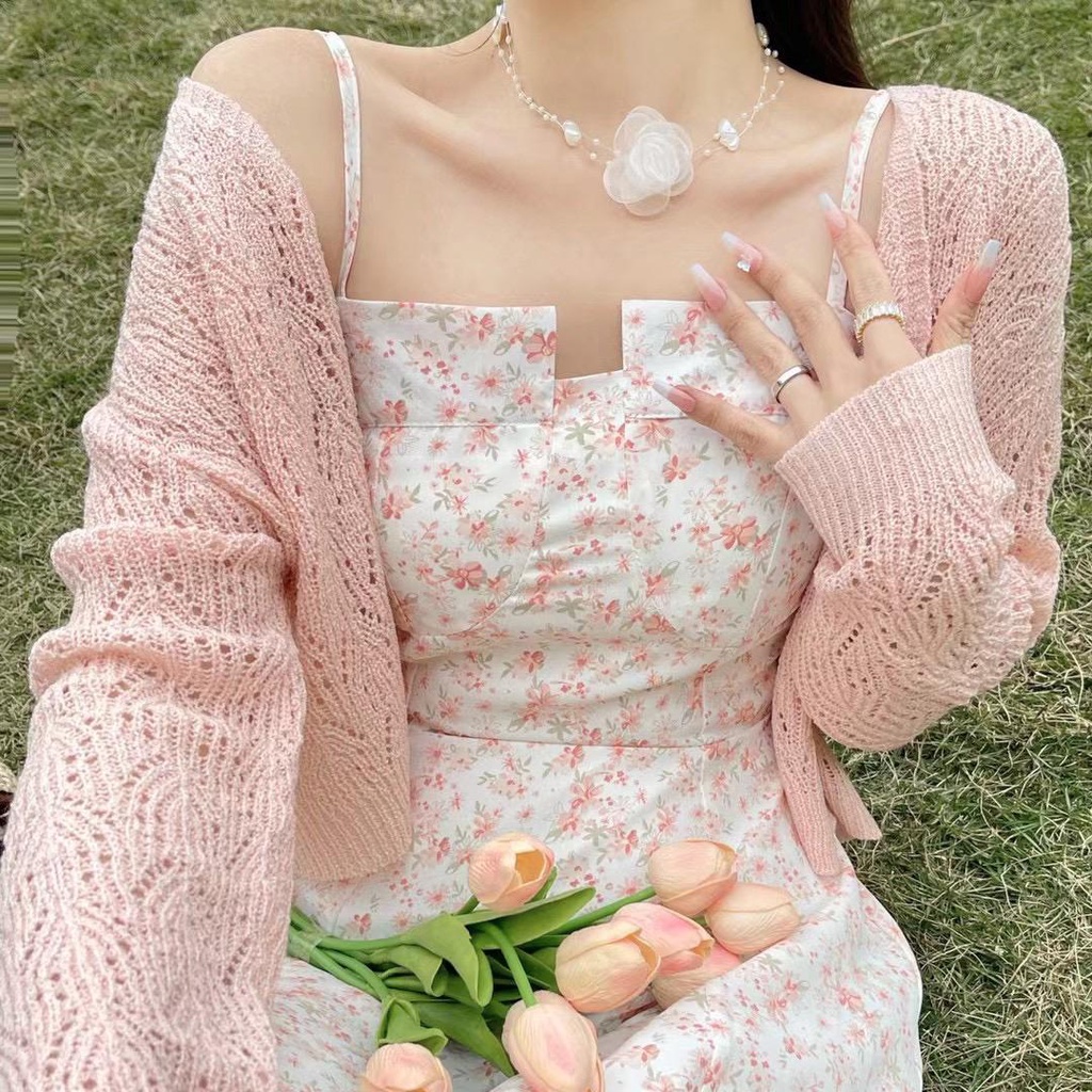 Bộ Áo Cardigan Hai Dây In Hoa + Chân Váy Lưng Cao Thời Trang Mùa Hè 2022