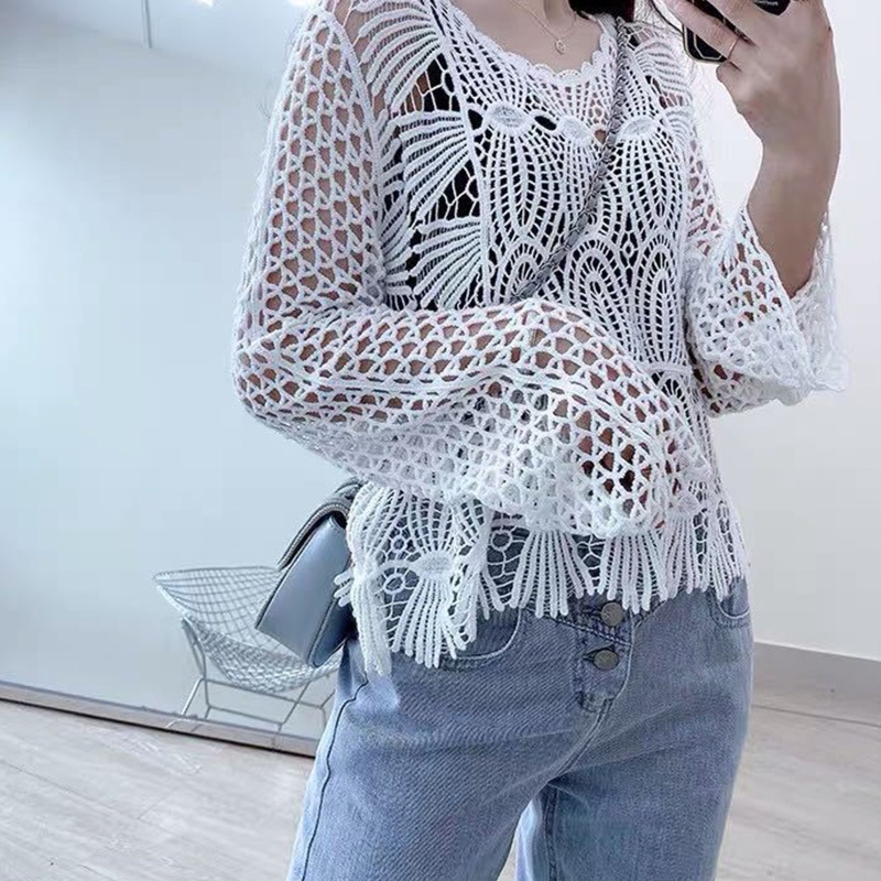 Áo Croptop Dệt Kim Phối Ren Hoa Tay Dài Ống Loe Che Phủ Lỗ Thời Trang Mùa Hè Cho Nữ