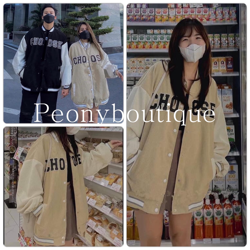 Áo Khoác Bomber Choose PEONYB Unisex [FREESHIP]  Jacket nhung form rộng tay bồng, khoát kẻ viền nam nữ Ulzzang