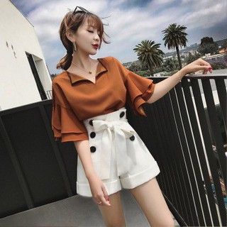 Bộ Áo sơ mi nhún bèo + Quần cạp cao ống rộng thời trang ngọt ngào cho nữ