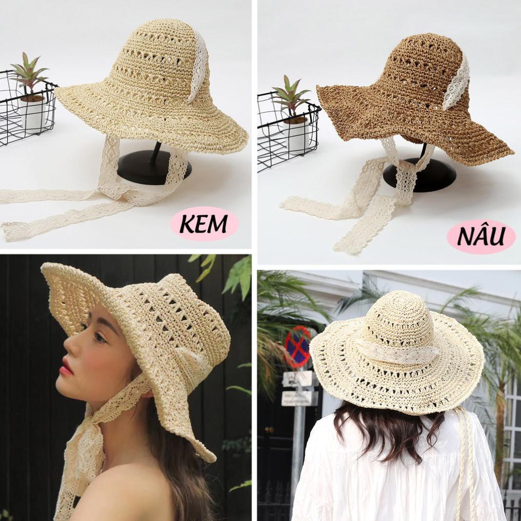 Nón Cói Du Lịch Đan Hoa Văn Quai Ren Nữ Tính P1301