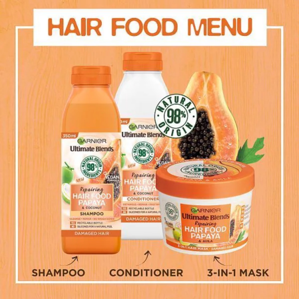 Bộ ba sản phẩm dưỡng tóc chuyên sâu Garnier Ultimate Blend Papaya Hair Food dành cho tóc hư tổn