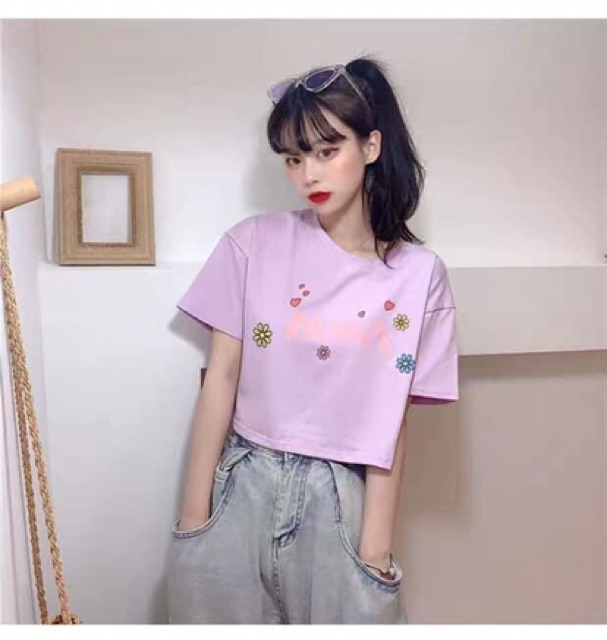 (Ảnh thật)☘️☘️Áo croptop tay ngắn NANA 4 màu(tím/xanh/trắng/cam đất)