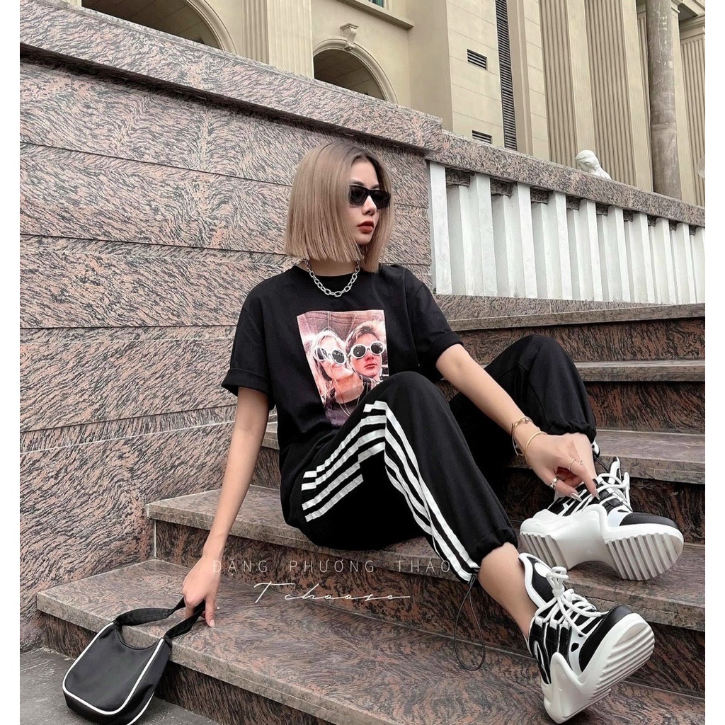 Quần Jogger 3 sọc ống rộng có dây rút gấu, Quần thể thao nam nữ unisex chất nỉ da cá cao cấp 2 màu đen trắng-Mã 30
