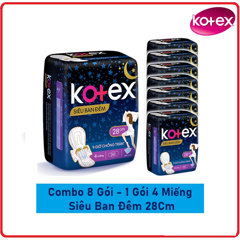 Combo Lốc 8 Gói Băng Vệ Sinh KOTEX Siêu Ban Đêm Gói 4 Miếng 28cm &amp; 3 Miếng 35cm