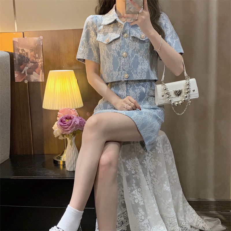 Set Áo Sơ Mi Ngắn Tay + Chân Váy Jeans Chữ A Thời Trang Cho Nữ